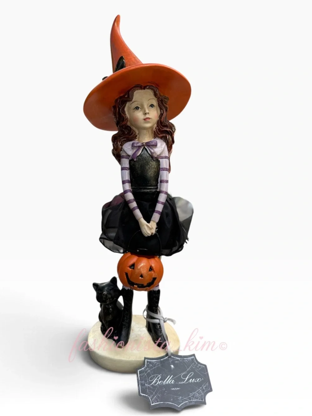 Bella Lux Witch girl with pumpkin Black Cat Orange Hat Halloween decor